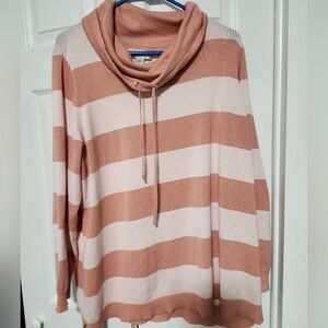 CJ Banks Salmon and Cream Striped Cowl Neck Sweater